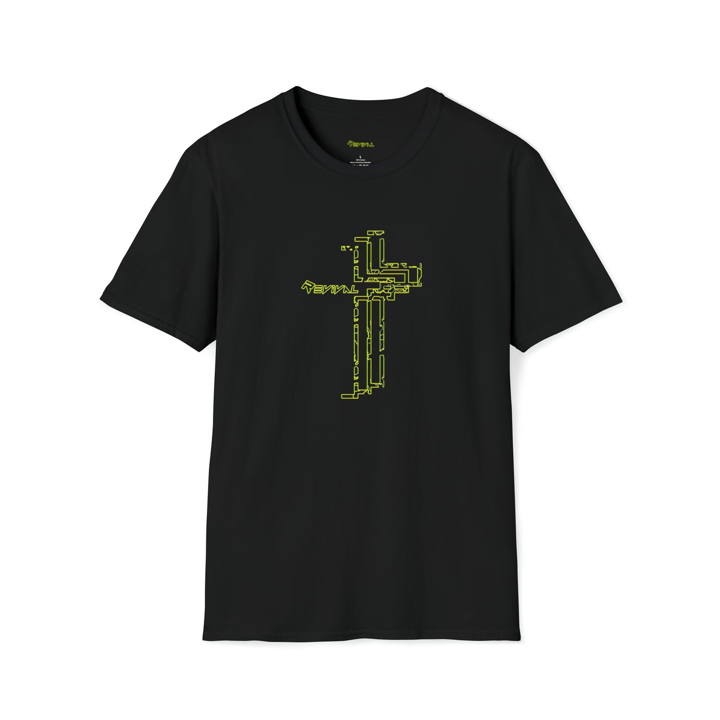 Calvary Intersection Neon Camo Green by Revival Softstyle T-Shirt, Short Sleeved Tee for Men and Women, Gift for Men, Gift for Women