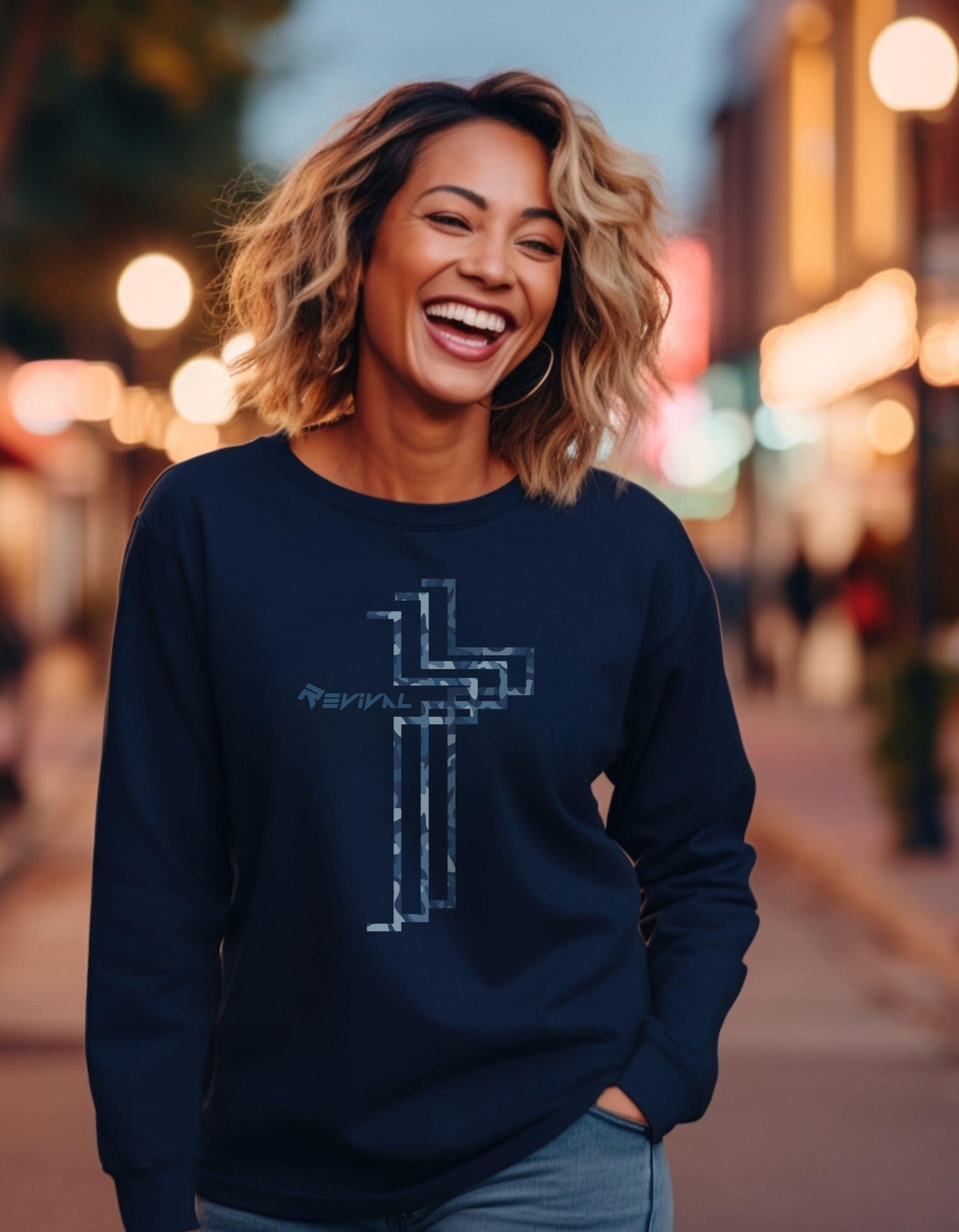Carbon Blue Camouflage by Revival Sweatshirt, Crewneck Sweatshirt, Warm Long Sleeve Pullover